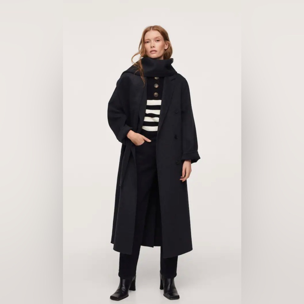 Mango wool long coat with matching scarf in black